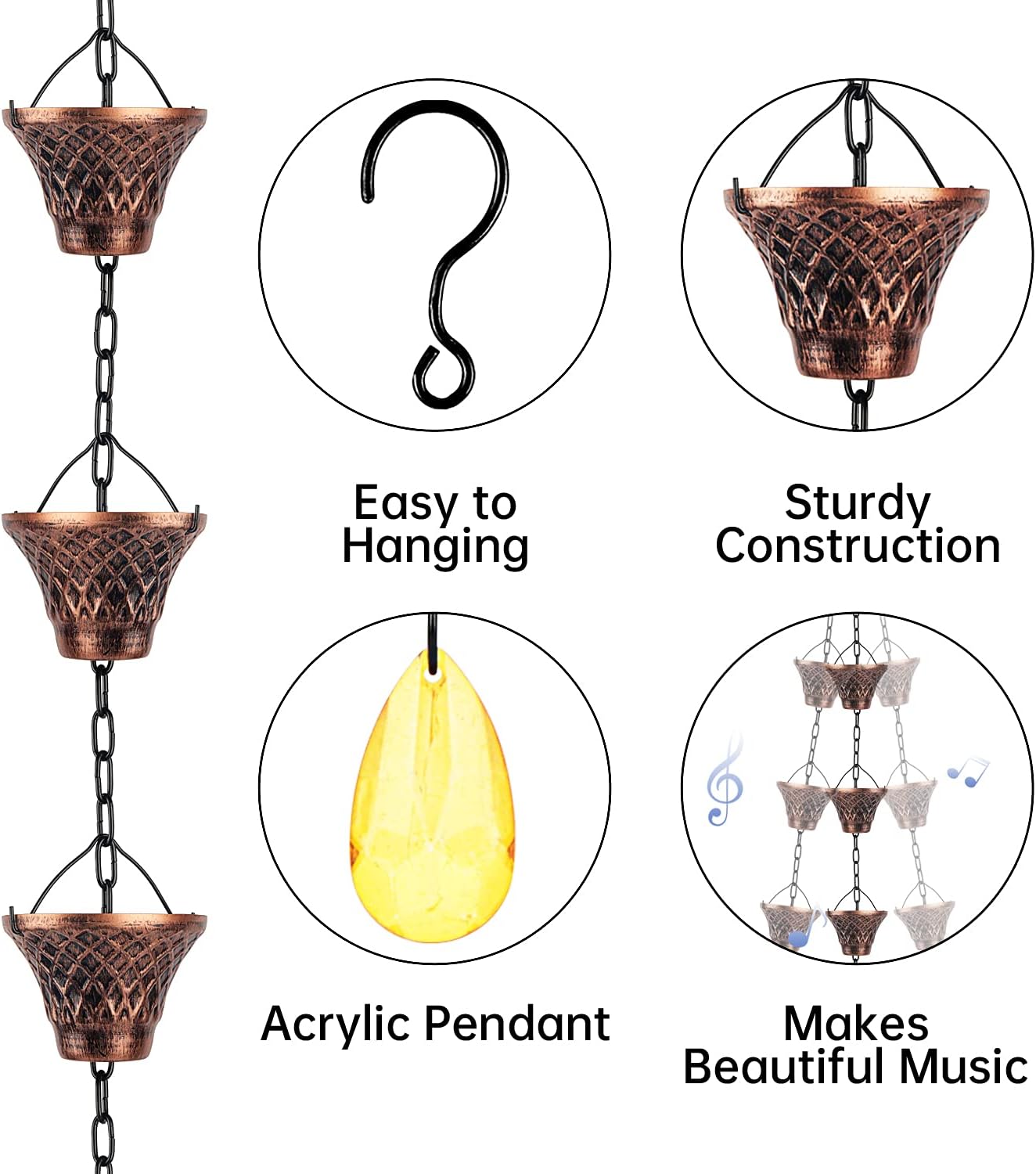 Copper Rain Chains for Downspouts, Decorative Rainwater Diverter, 8.5 ft G73367