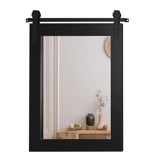 Black Farmhouse Mirror Barn Door Style Rectangle Solid Wood Frame Wall Mirror Rustic Decorative Mirror for Bathroom, Entryway, Living Room, Wall Decor 28" x 22"