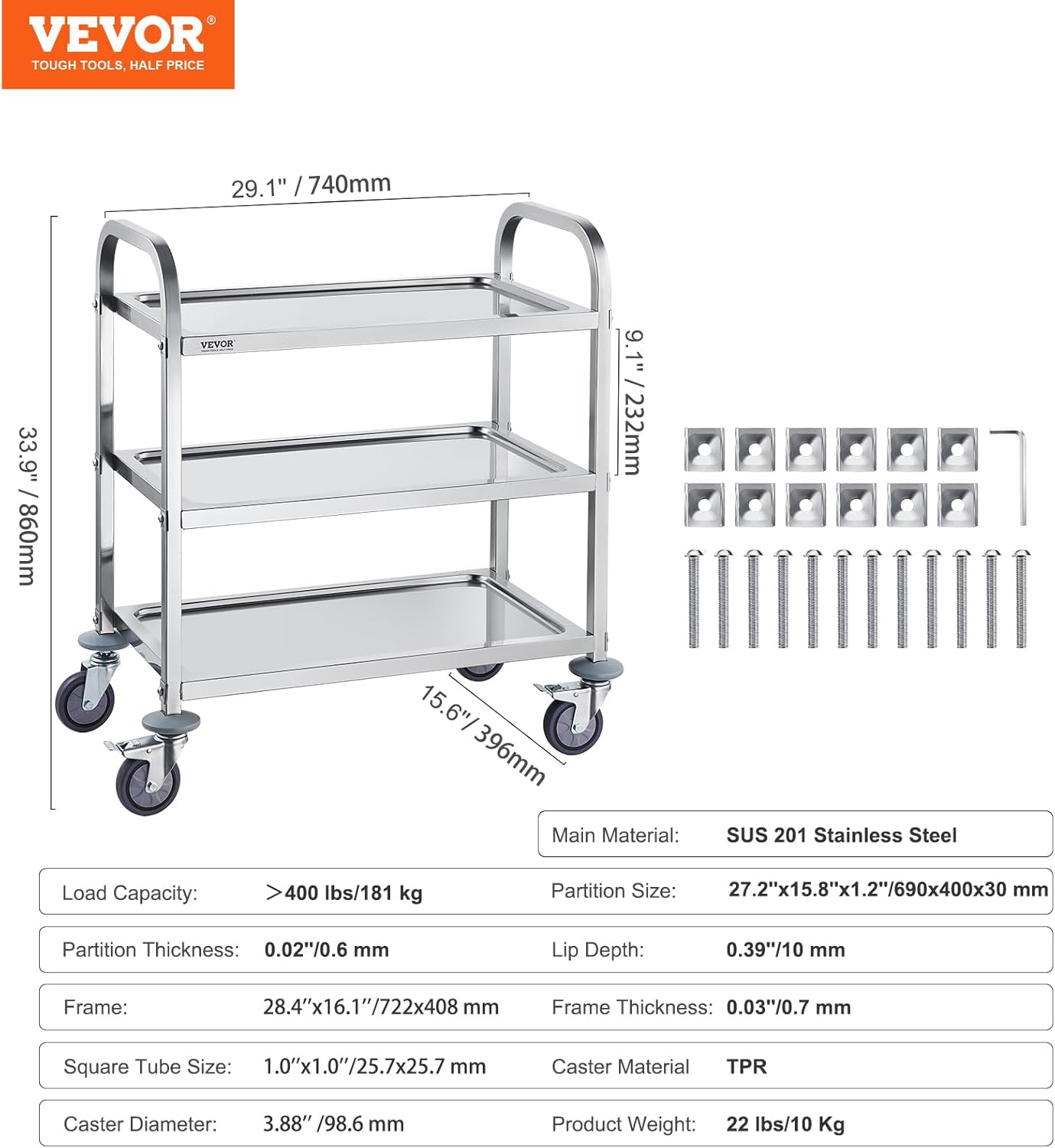 Lab Utility Cart, 220 lbs Capacity, 3 Shelves, Stainless Steel Frame D217890