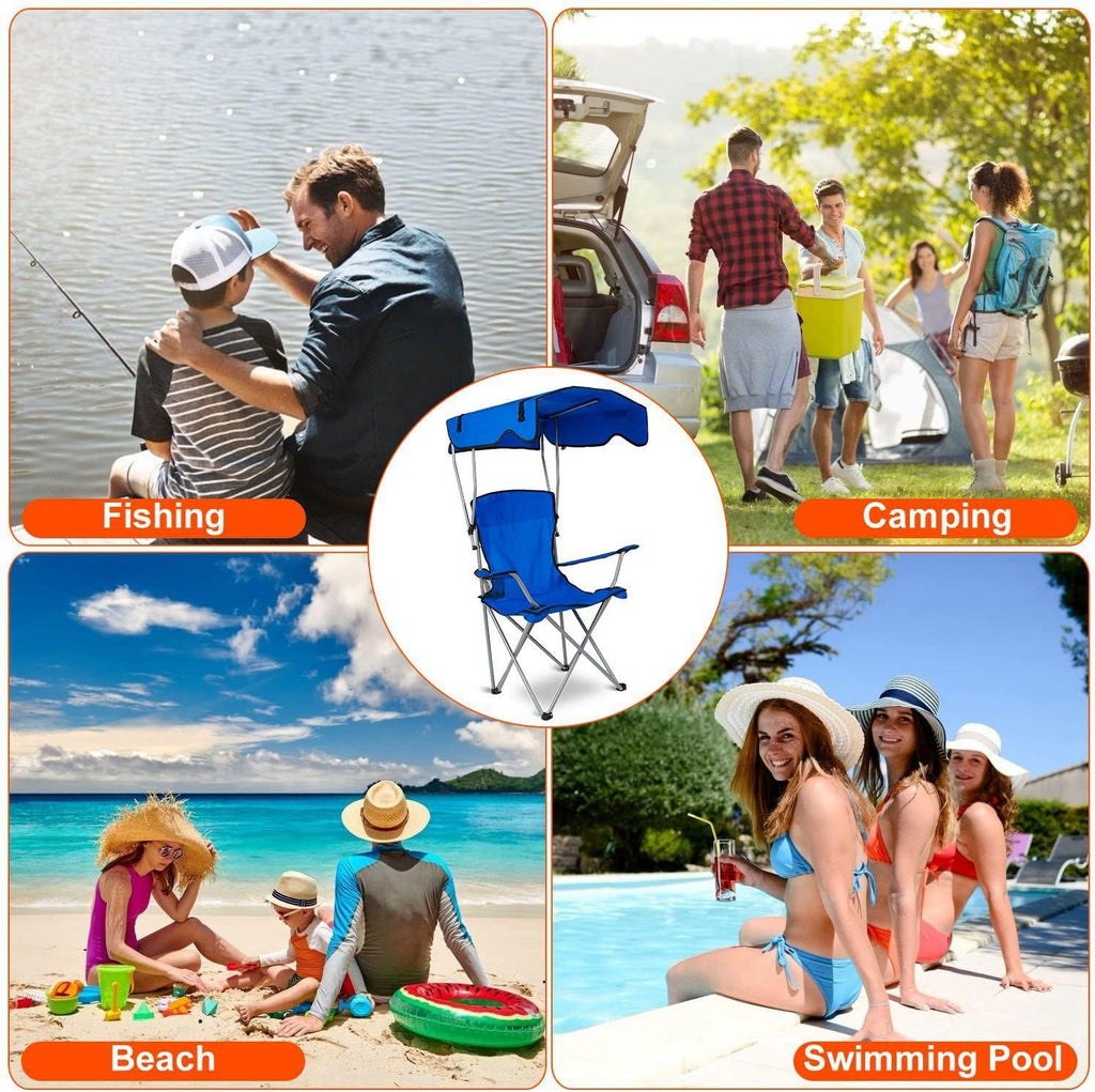 Folding Camping Chair with Shade Canopy, Cup Holder, UPF 50+ Sun Protection, Supports 330 LBS E442