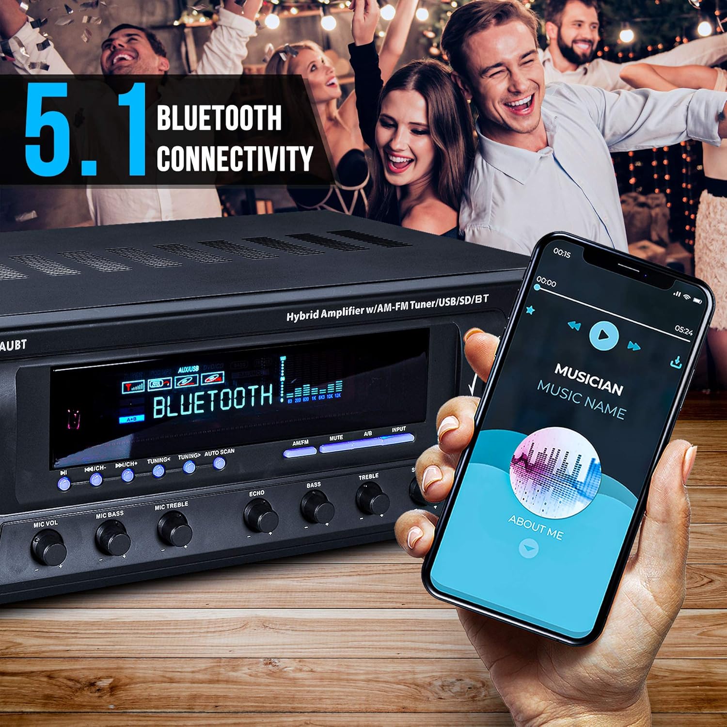 Wireless Bluetooth Power Amplifier - 300W 4 Channel Home Theater Stereo Receiver with USB, FM, 2 Mic Inputs, RCA, LED, Speaker Selector Q285314