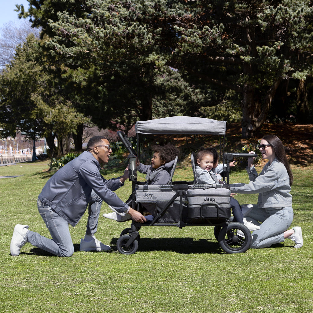 4 Seater Stroller Wagon with Convertible Seats, Adjustable Handles, Removable Canopy, Flat Fold J737378