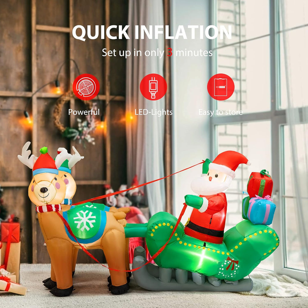 6.9ft Christmas Inflatable Santa on Sleigh with Reindeers and Gift Boxes H60650