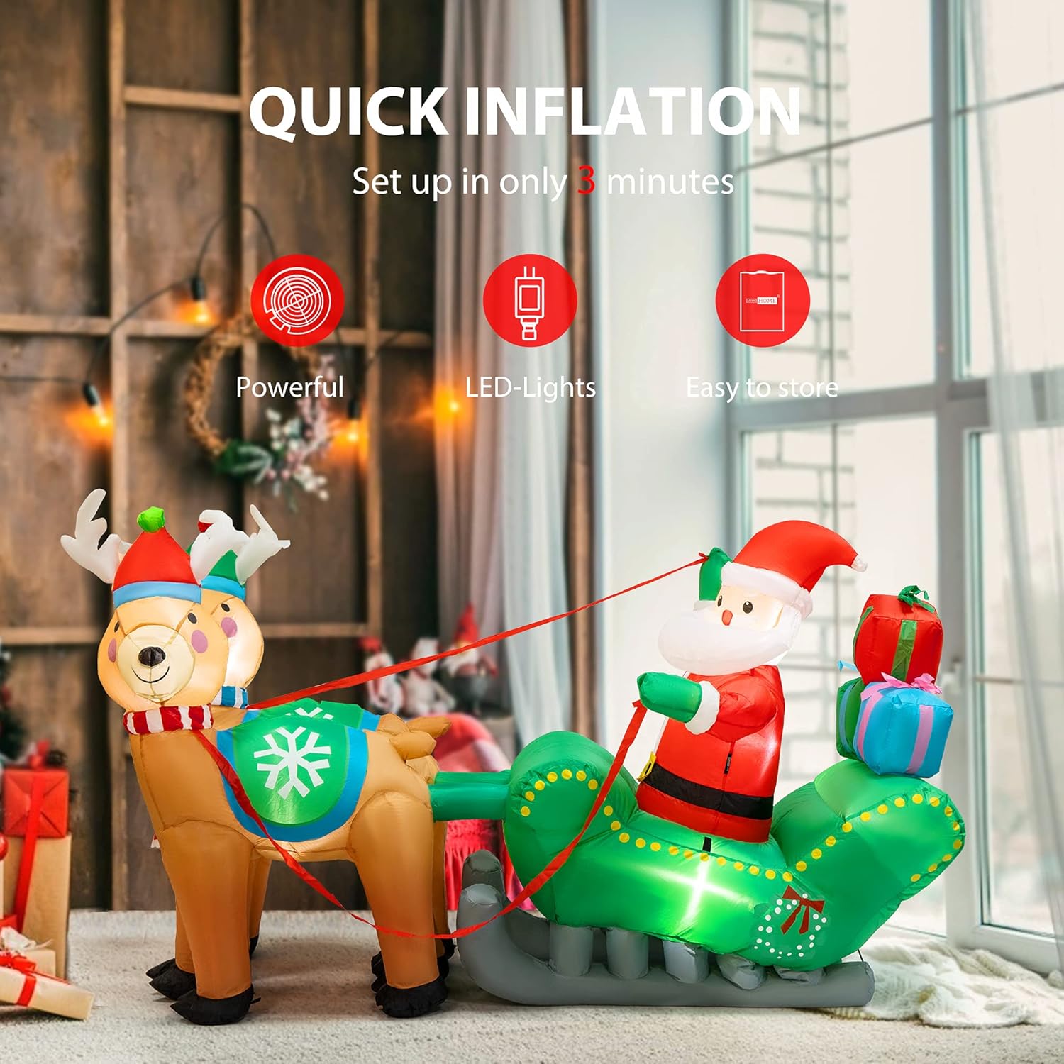 6.9ft Christmas Inflatable Santa on Sleigh with Reindeers and Gift Boxes H60650
