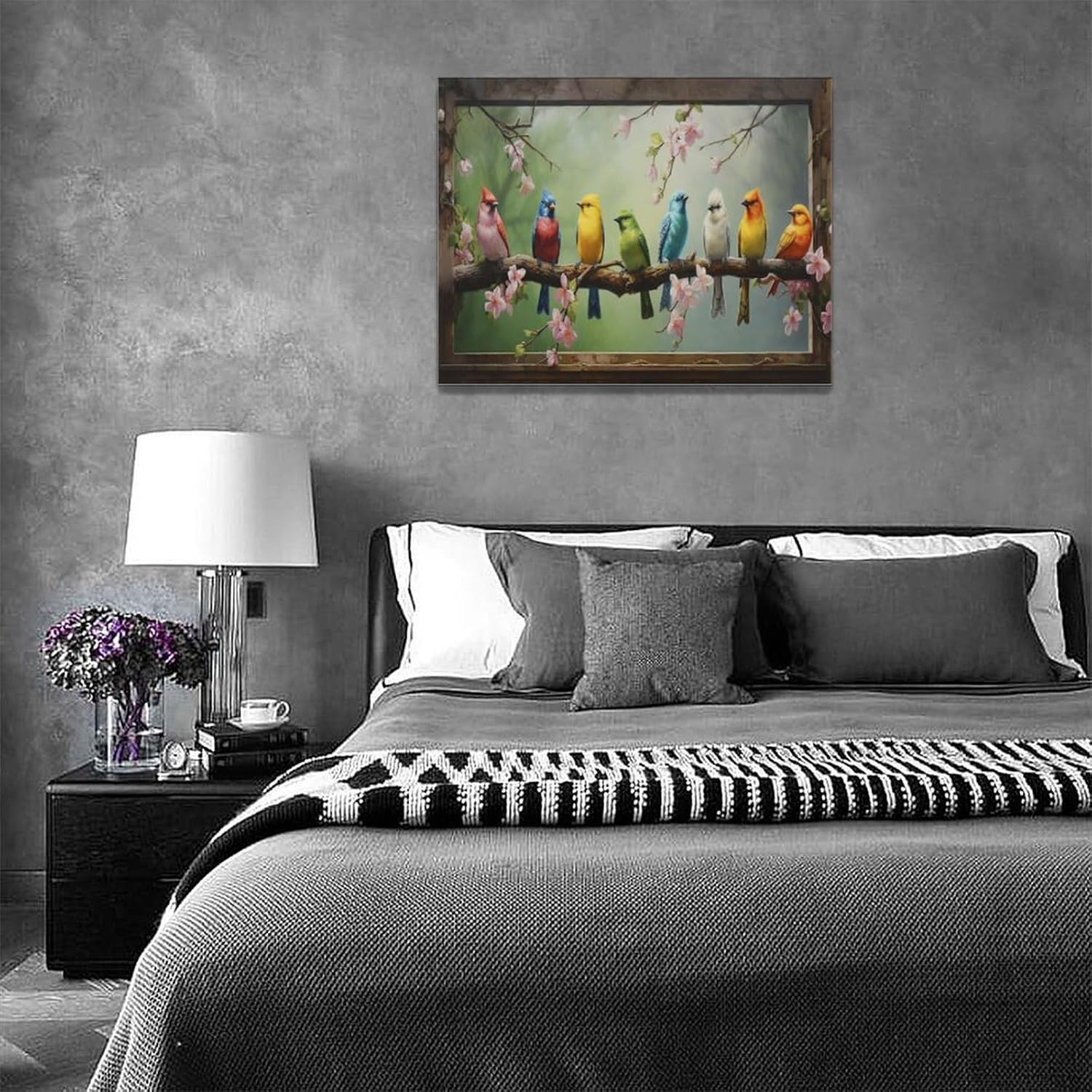 Hummingbirds Wall Art Farmhouse Birds Canvas Decor Rustic Floral Picture Painting Framed 16x12 L753