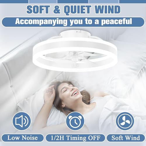Ceiling Fan with Lights and Remote, Low Profile Flush Mount, Dimmable LED, White H564