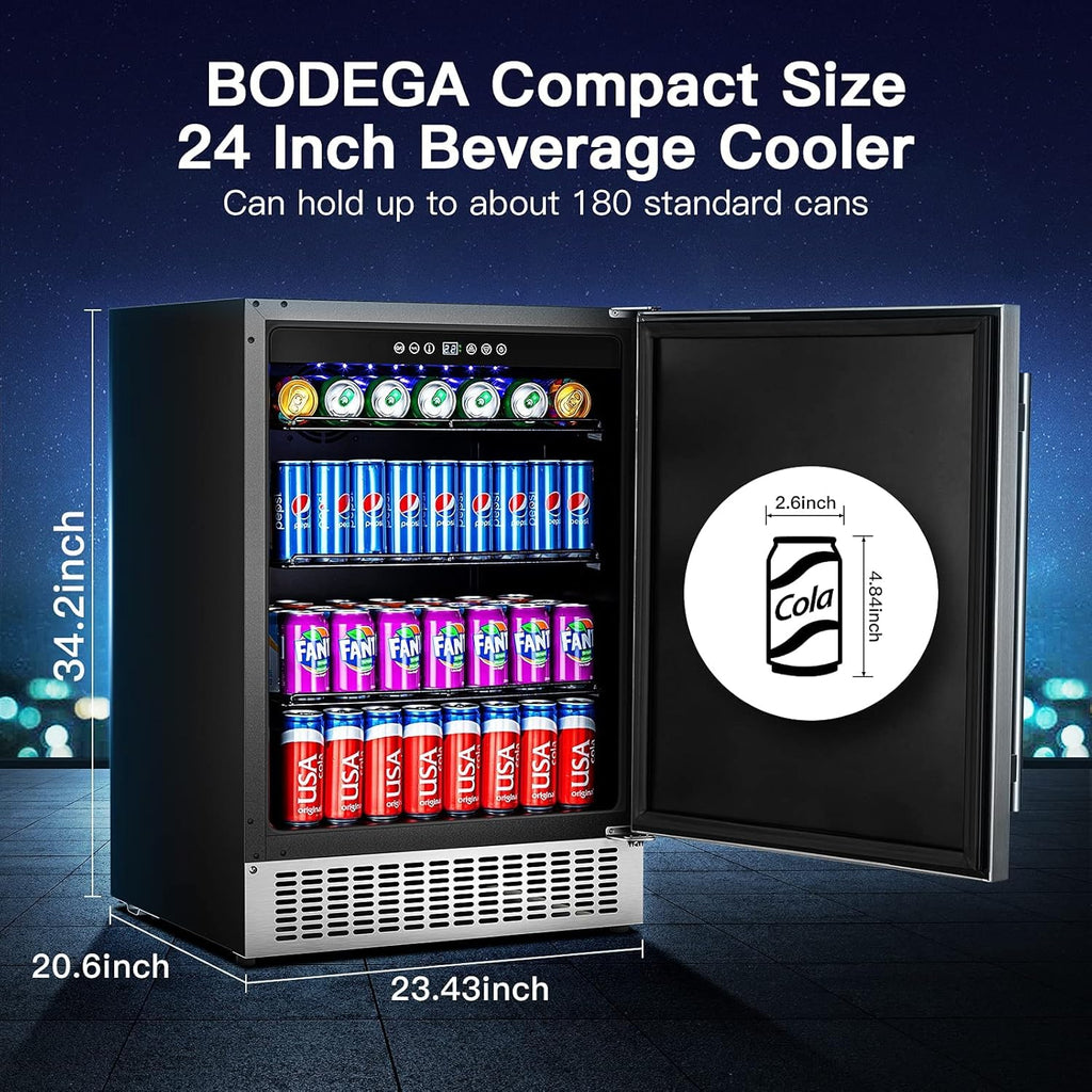 Beverage Cooler 24 Inch, Built-in and Freestanding Refrigerator 180 Cans, Stainless Steel I34420