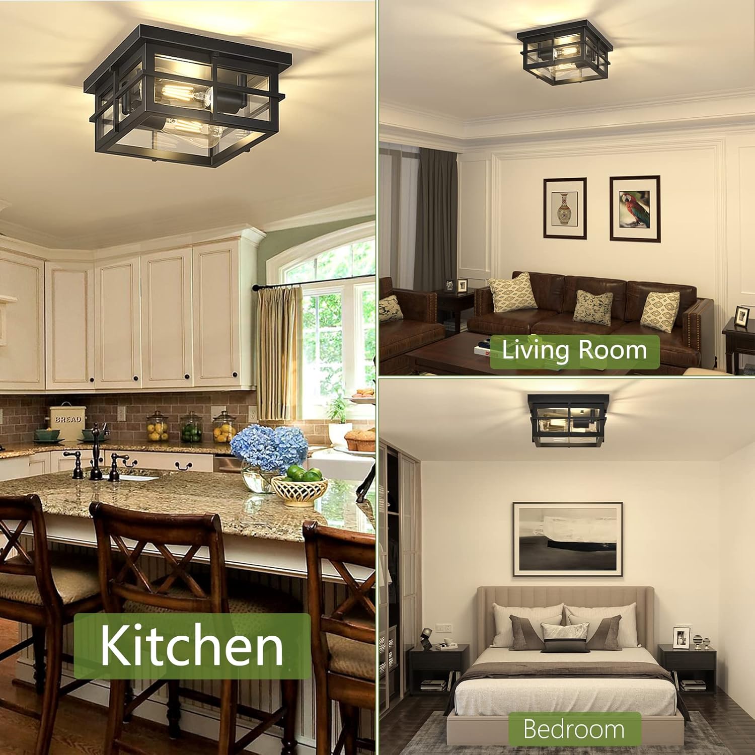 Modern Outdoor Ceiling Light Fixtures, 2-Light Black Flush Mount with Clear Glass Shade C16423