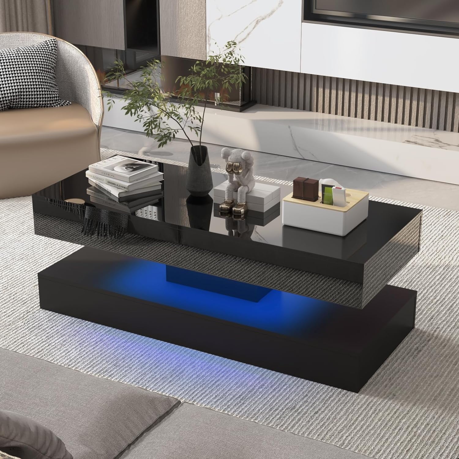 LED Coffee Table with 2 Storage Drawers, High Gloss Black, APP Control A69449