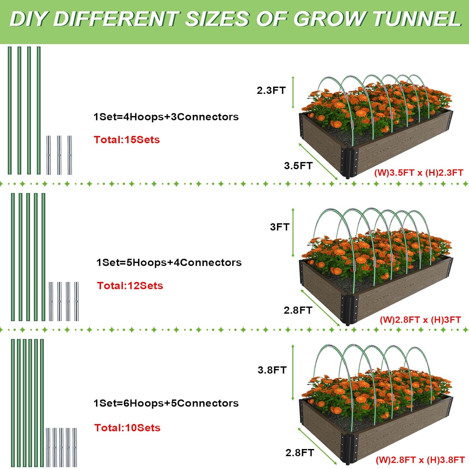 Garden Hoops Grow Tunnel, 8 FT Long Greenhouse Hoops for Raised Beds, 36 Pcs Fiberglass Frame A25542