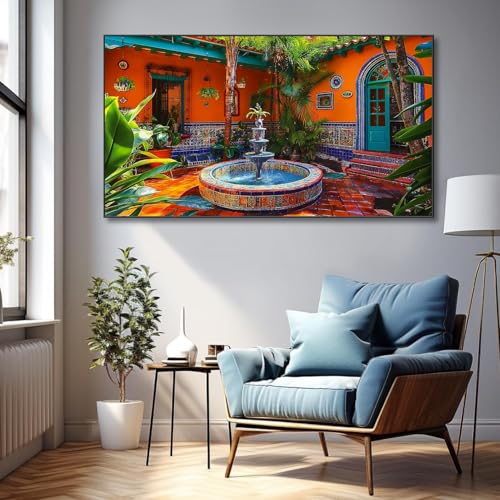 Colorful Mexican Village Canvas Wall Art, Large Abstract, Gold Metal Framed L12710