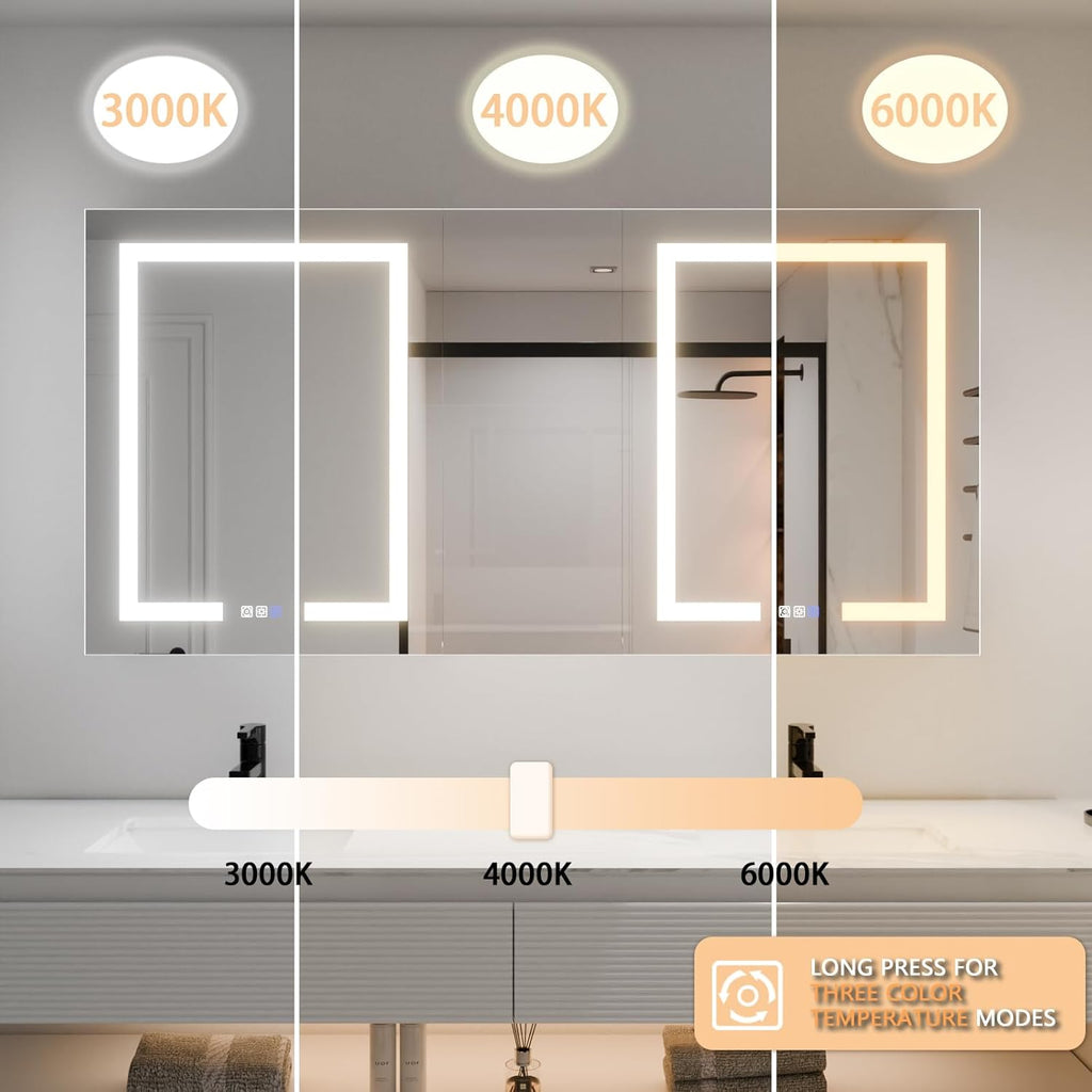 LED Lighted Bathroom Medicine Cabinet with Mirror, 60 x 30 Inch, Defog, Dimming, 2 Outlets B483042