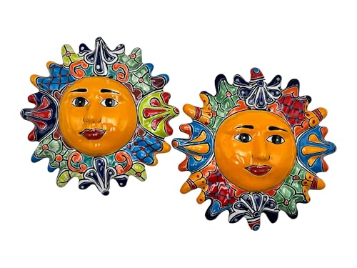 Talavera Sun Face Folk Art Multicolor Mexican Pottery Home Decor Hand Painted Handmade Indoor Outdoor Diameter 12" (Multi 19)