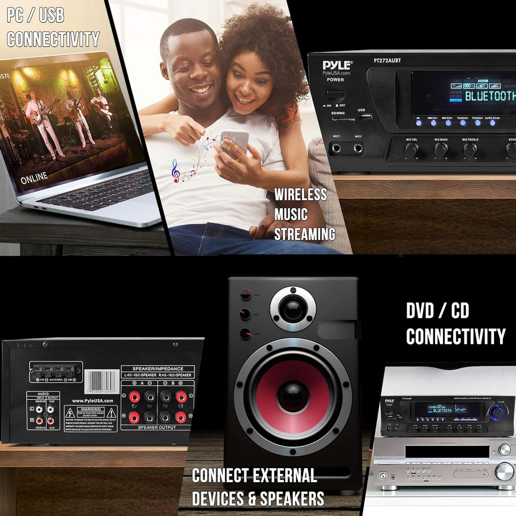 Wireless Bluetooth Power Amplifier - 300W 4 Channel Home Theater Stereo Receiver with USB, FM, 2 Mic Inputs, RCA, LED, Speaker Selector Q285314