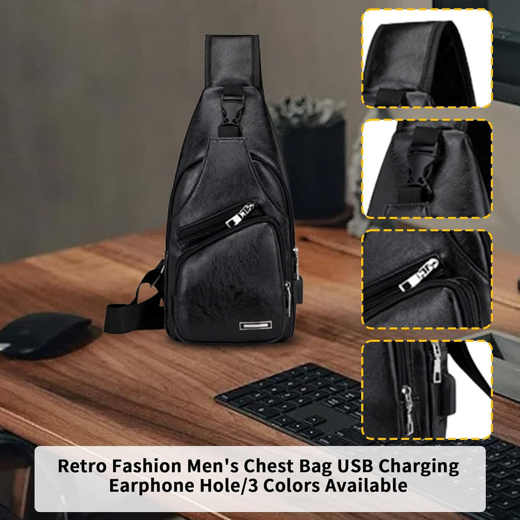 Waterproof Leather Sling Backpack with USB Charging Port for Hiking D969050