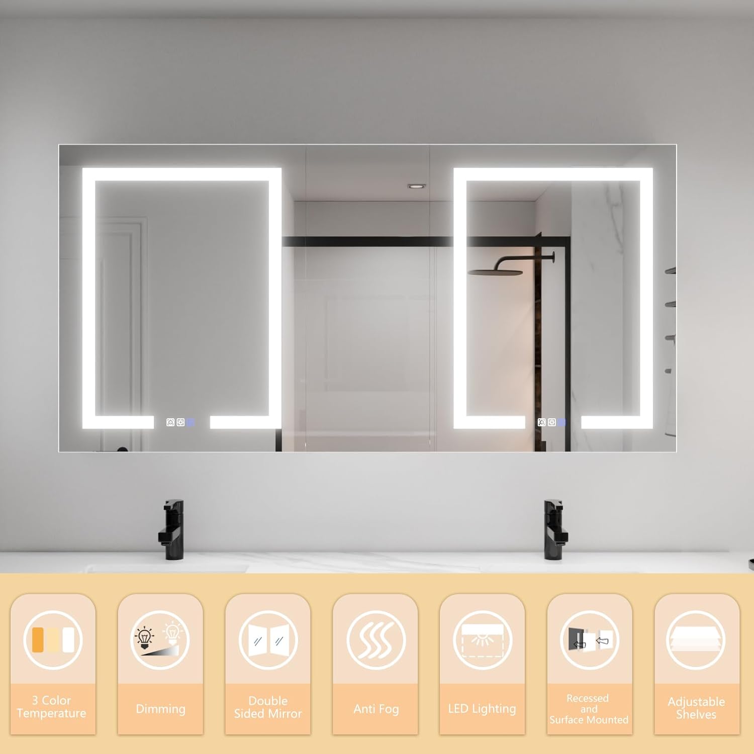 LED Lighted Bathroom Medicine Cabinet with Mirror, 60 x 30 Inch, Defog, Dimming, 2 Outlets B483042