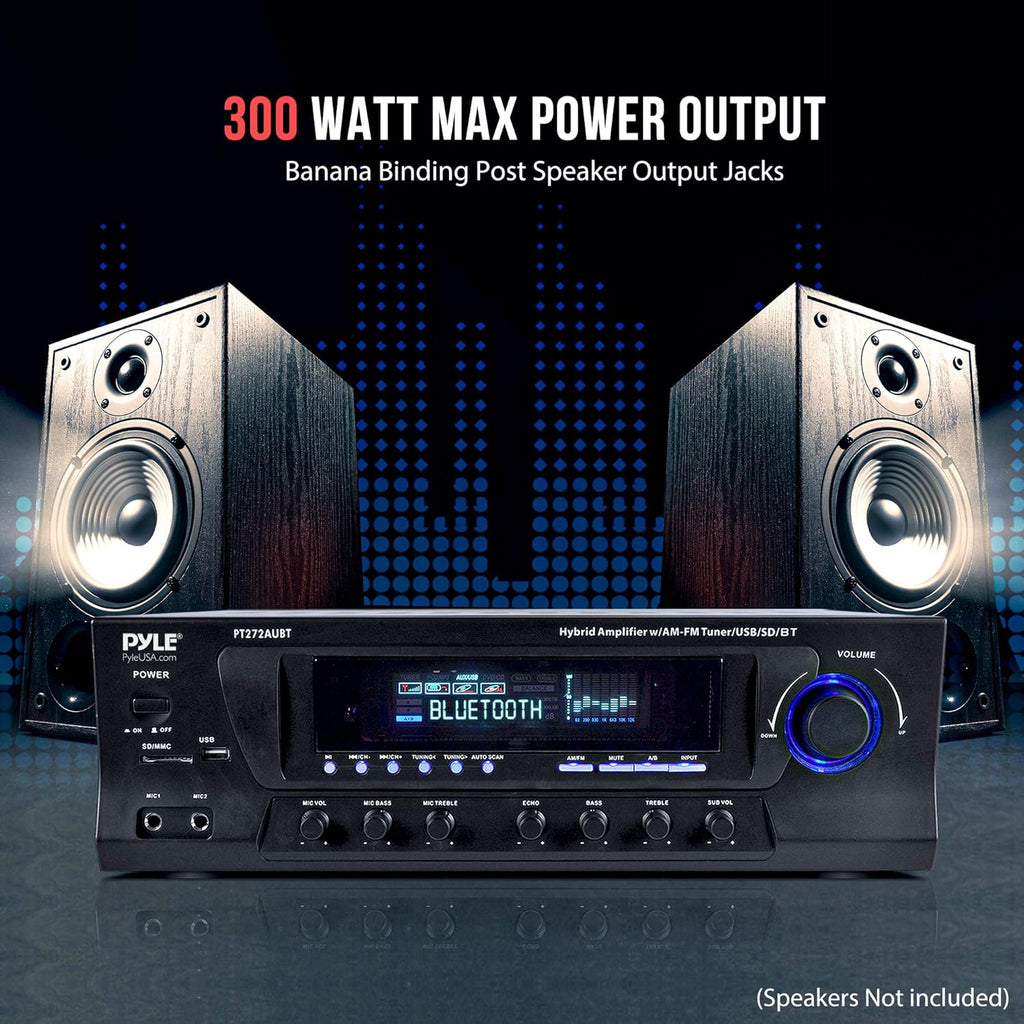 Wireless Bluetooth Power Amplifier - 300W 4 Channel Home Theater Stereo Receiver with USB, FM, 2 Mic Inputs, RCA, LED, Speaker Selector Q285314