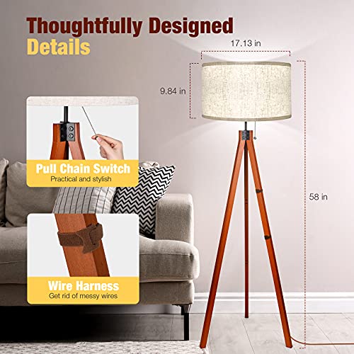 Wood Tripod Floor Lamp, 3 Color Temperatures, Tall Standing Lamp for Living Room Bedroom Office D4024