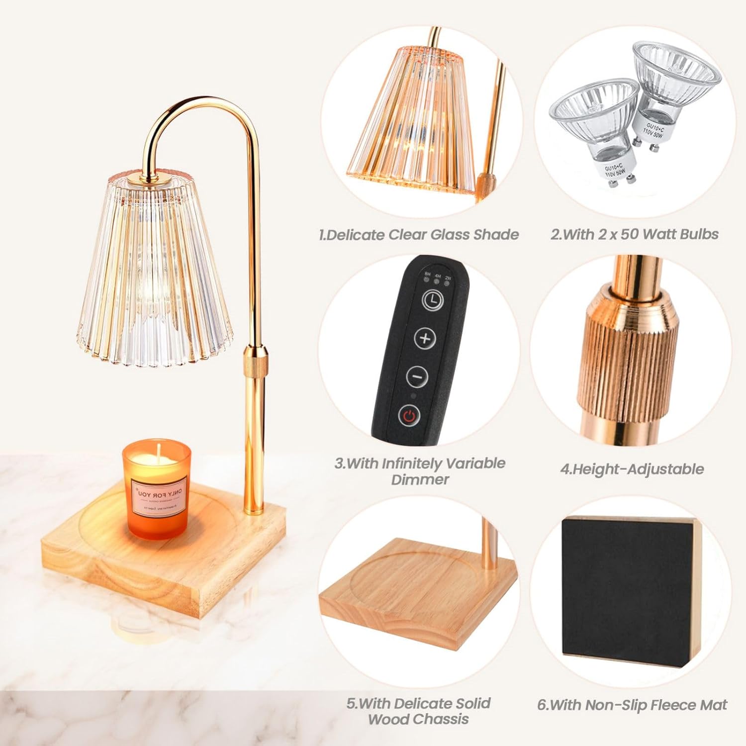 Dimmable Candle Warmer Lamp with Timer, Height Adjustable for Jar Candles G635