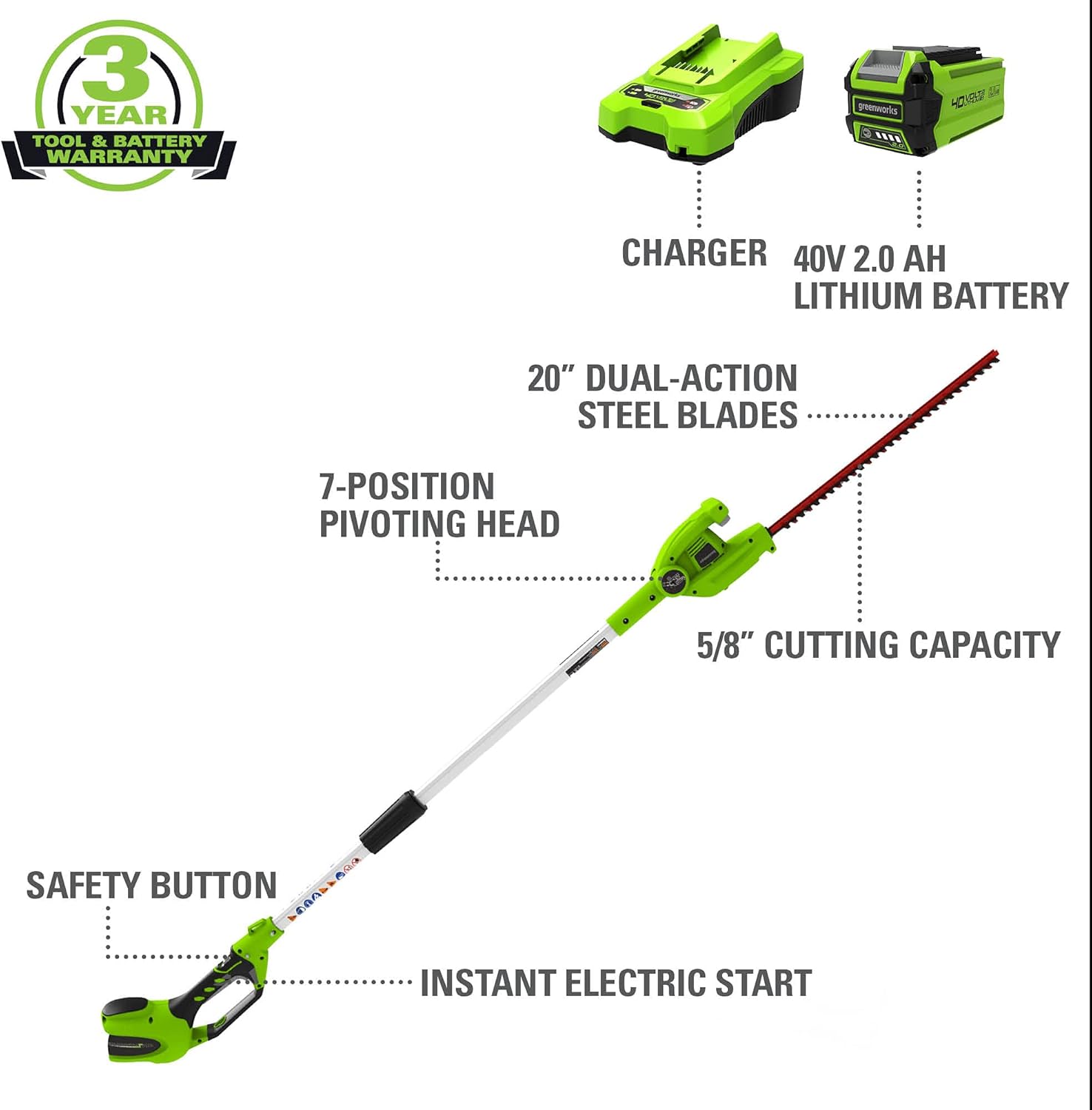 Cordless Pole Hedge Trimmer with Battery and Charger S69751
