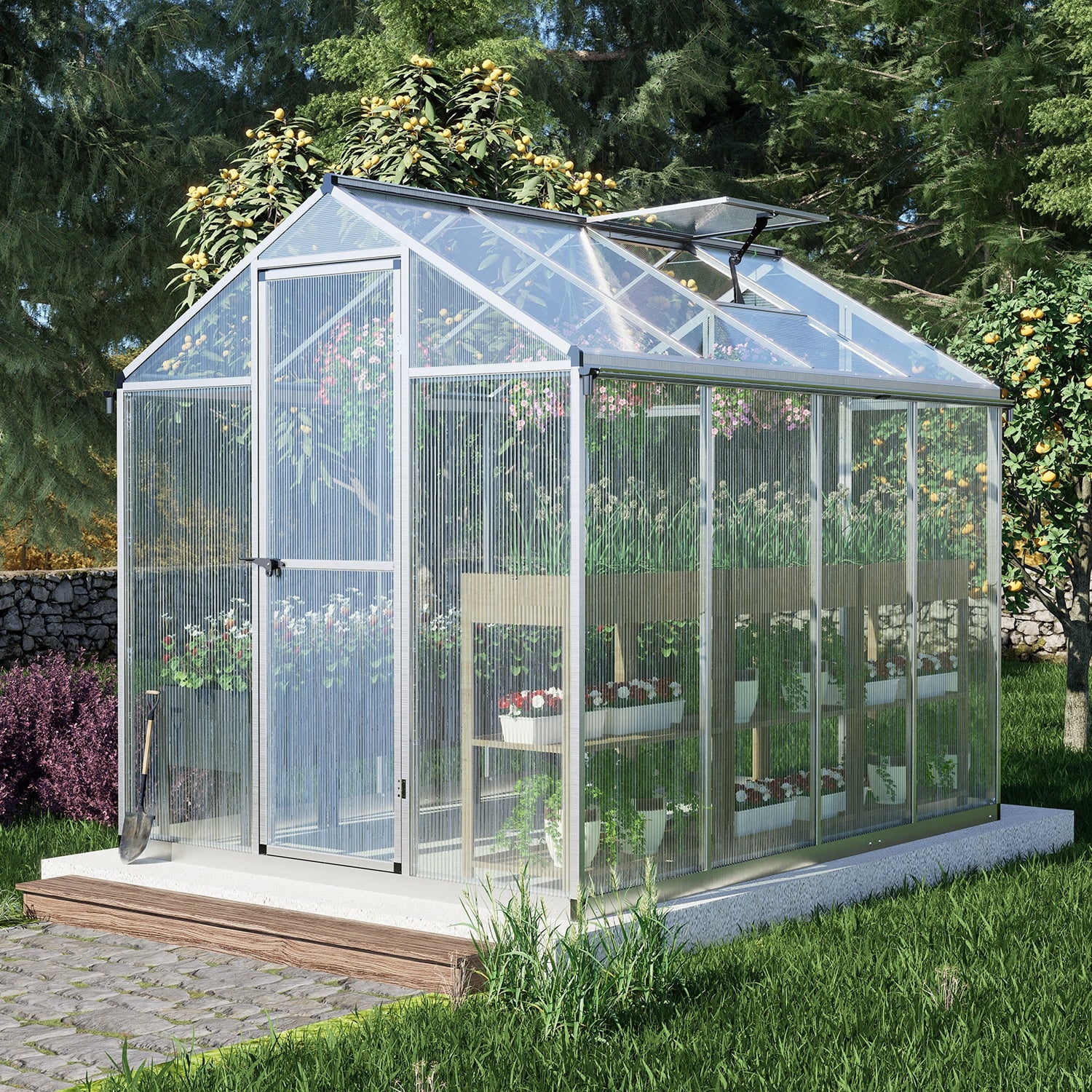 Walk-in Polycarbonate Greenhouse with Roof Vent and Door Lock A1336