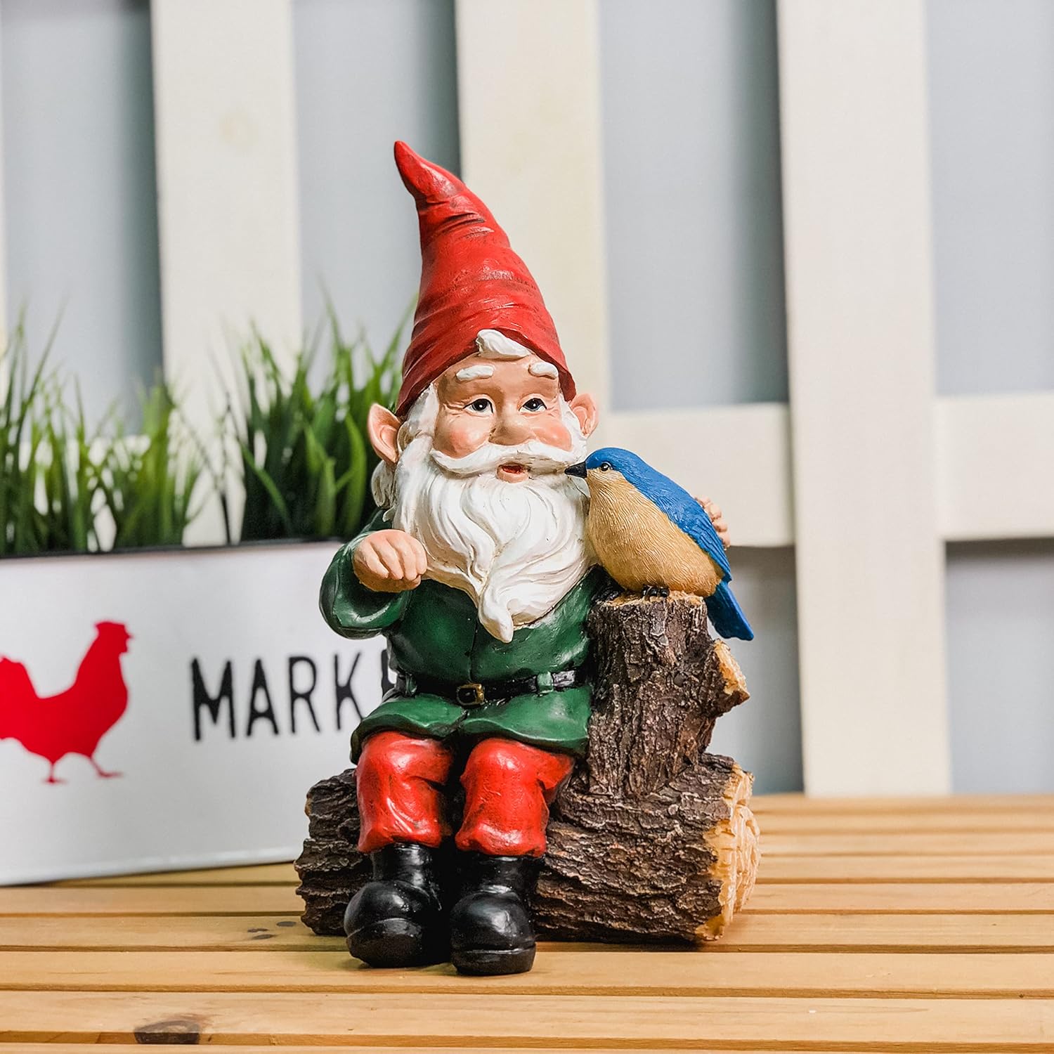 Outdoor Gnome Statue with Bird for Garden Patio Lawn Decor W262