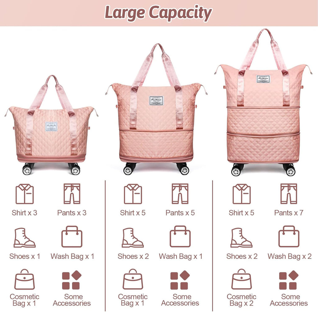 Rolling Duffel Bag with Wheels, Expandable Travel Luggage, Foldable Carry-On, Pink A167