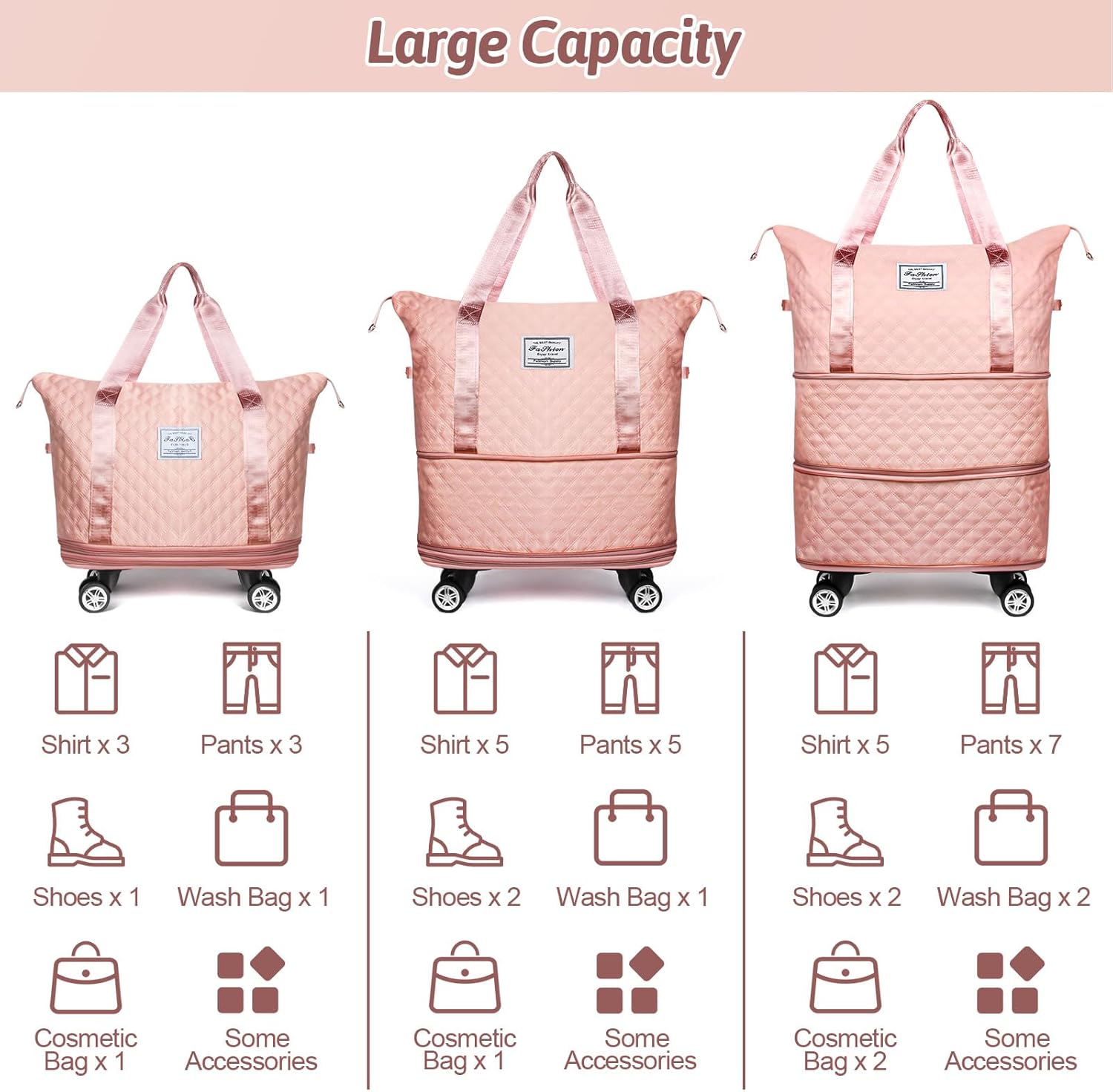 Rolling Duffel Bag with Wheels, Expandable Travel Luggage, Foldable Carry-On, Pink A167