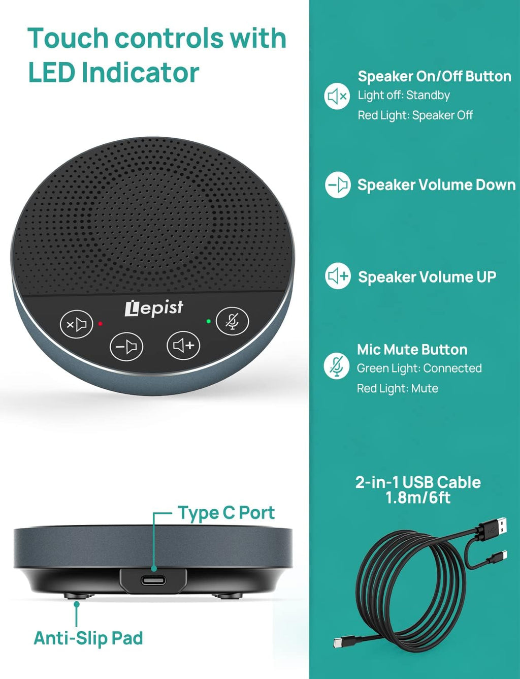 USB Speakerphone with Microphone for Conference Calls, 360° Voice Pickup T62862
