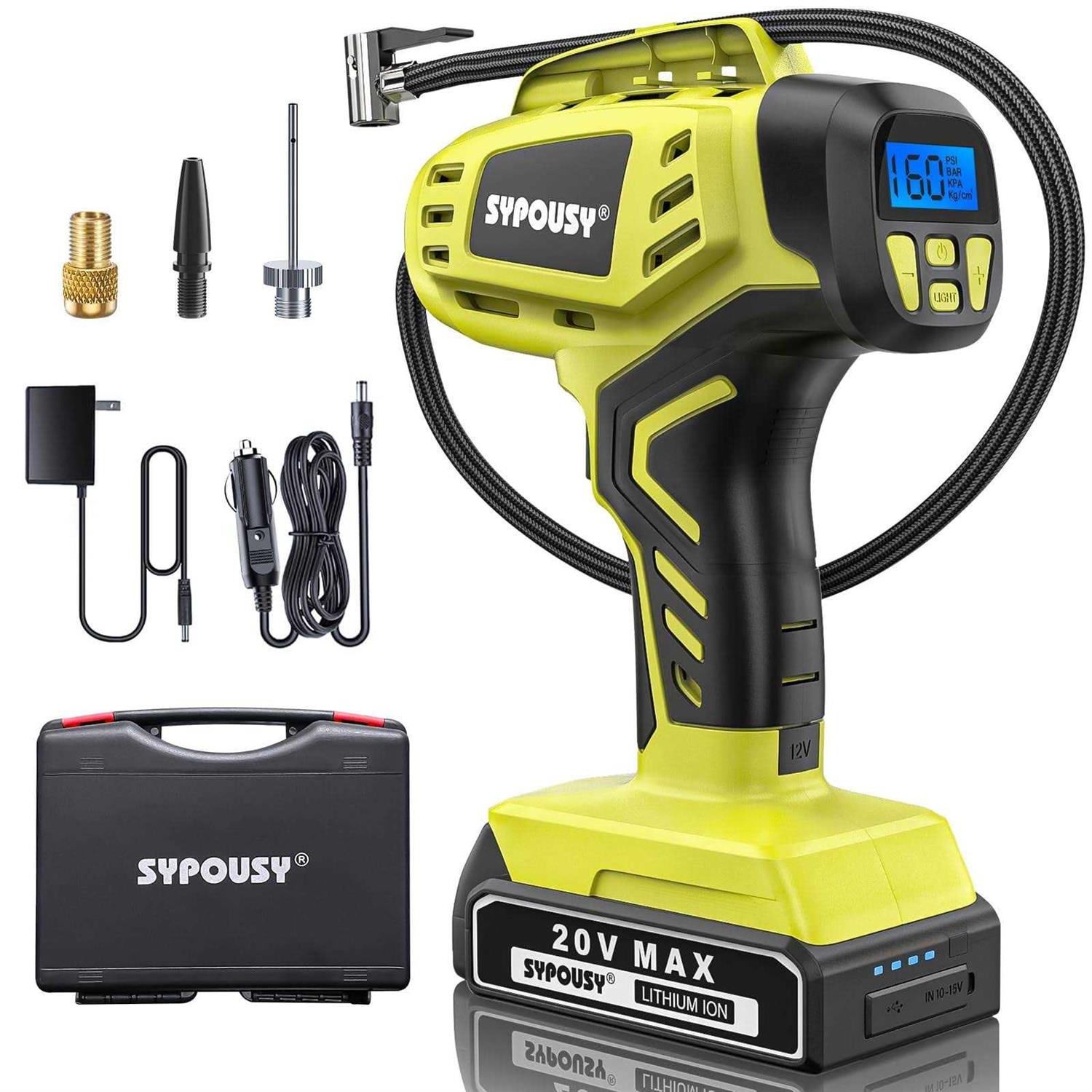 sypousy Tire Inflator Portable Air Compressor Cordless Tire Inflator Faster Tire Pump with 20V Rechargeable Battery,Dual Power Supply Modes - Sports Supplies Online Store