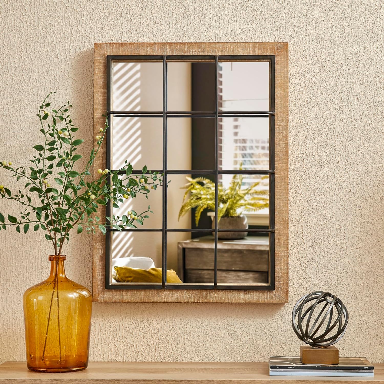 Windowpane Wall Mirror 24 x 32, Farmhouse Rectangle Wood and Metal Frame Wall Decor D308086
