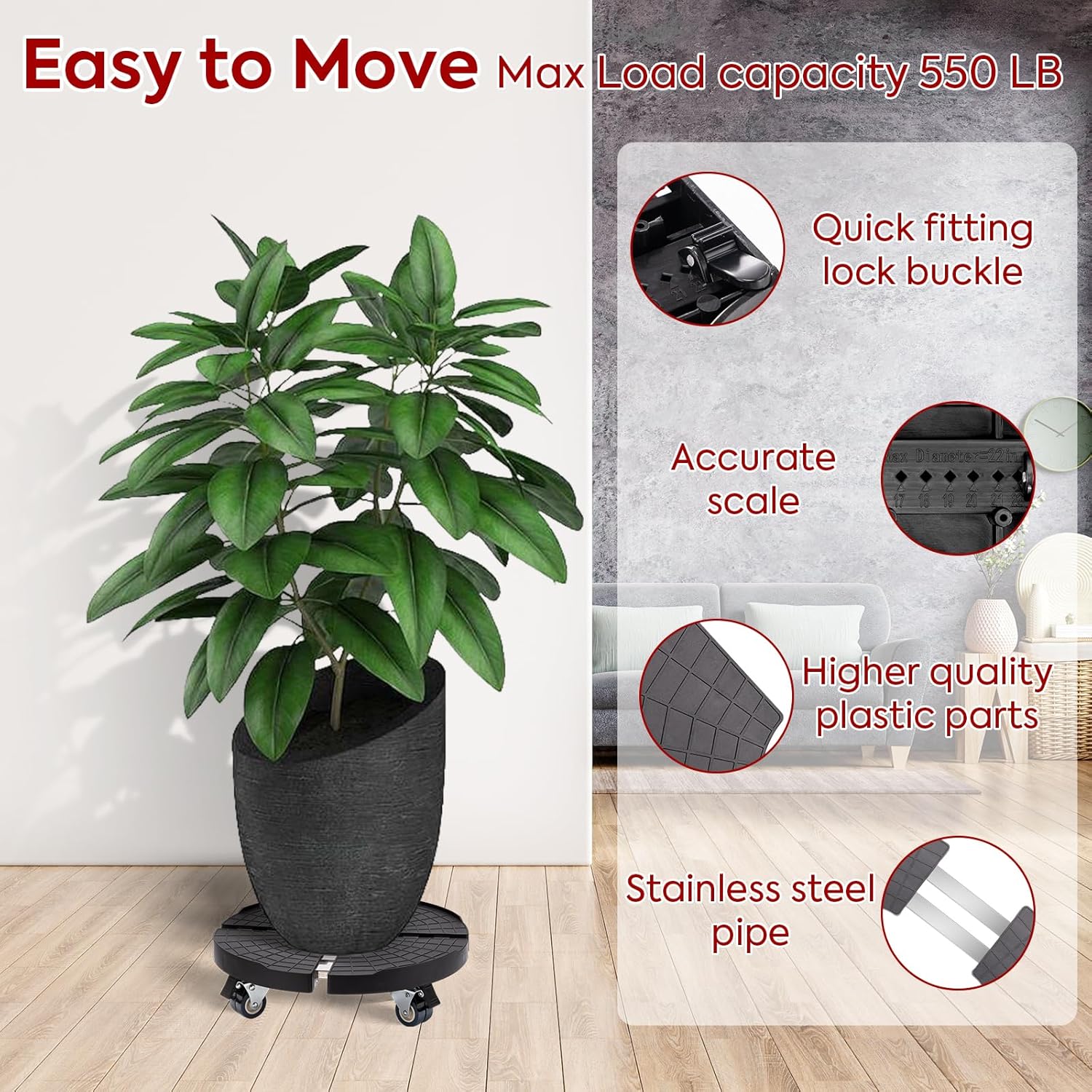 Plant Caddy with Wheels Heavy Duty, Adjustable 15.7-22in, Dual Lockable Casters U521