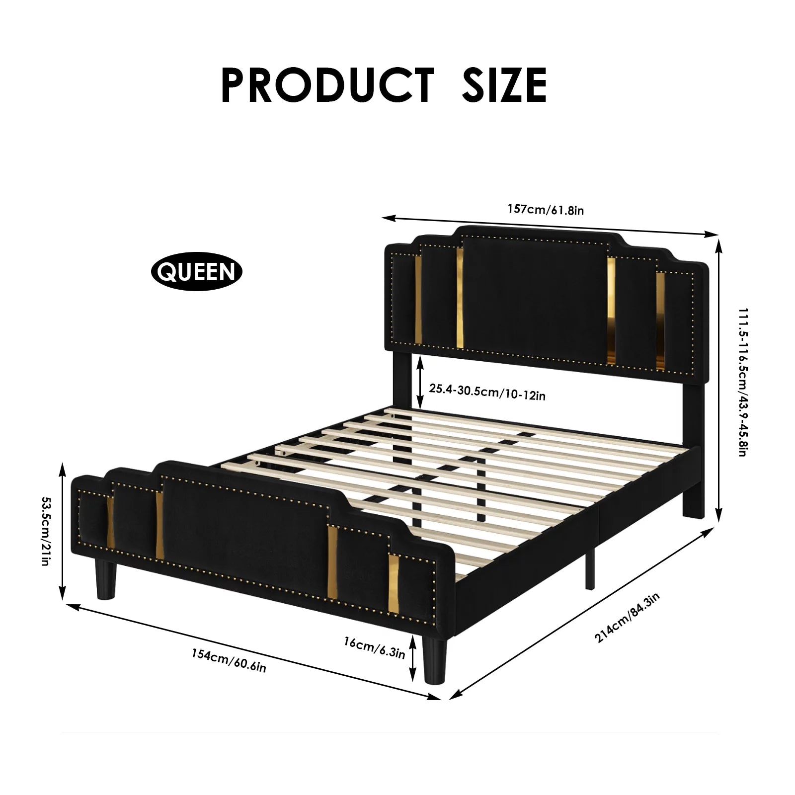 Queen Bed Frame, Velvet Upholstered Headboard with Golden Iron Sheet, Black Y30260