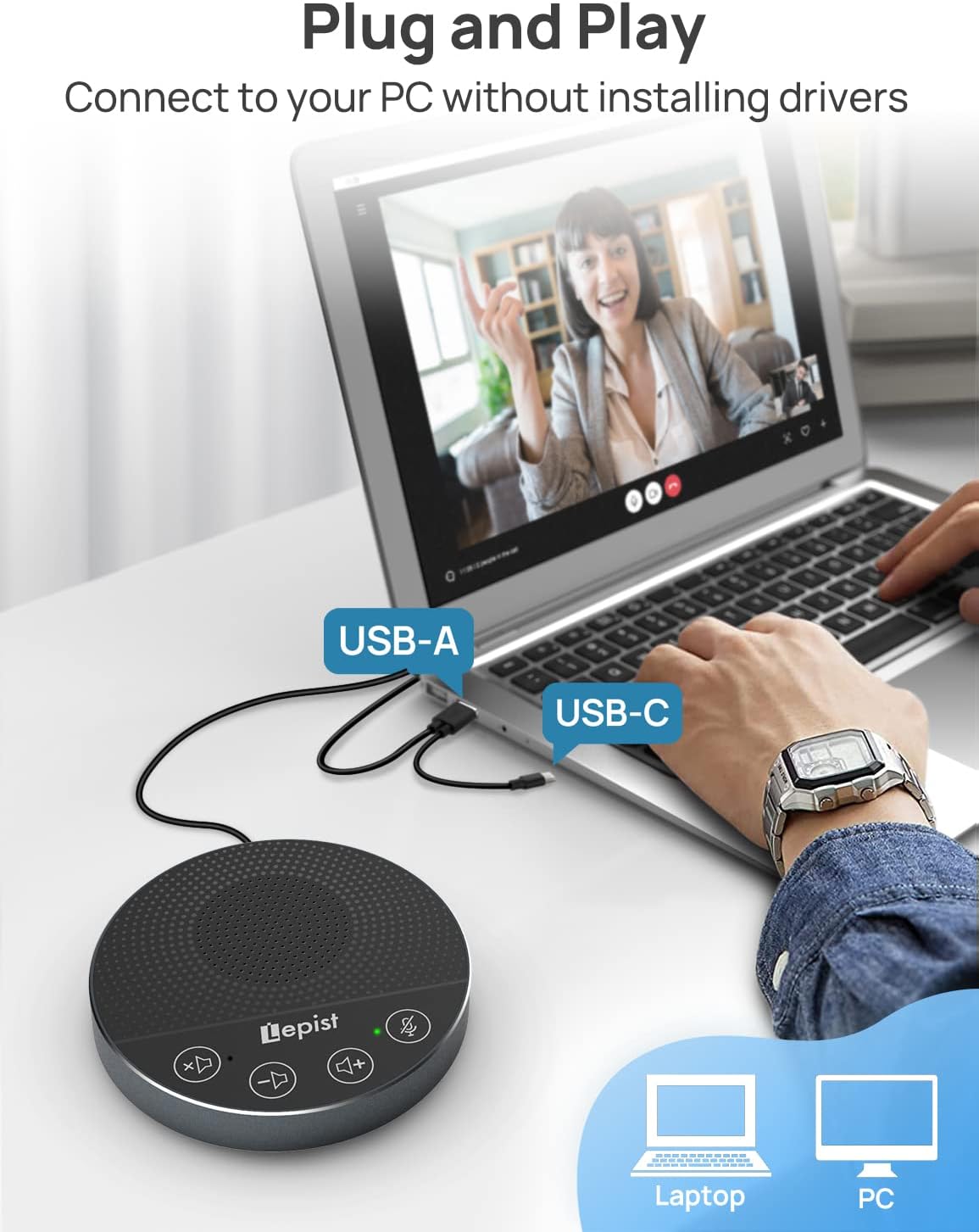 USB Speakerphone with Microphone for Conference Calls, 360° Voice Pickup T62862