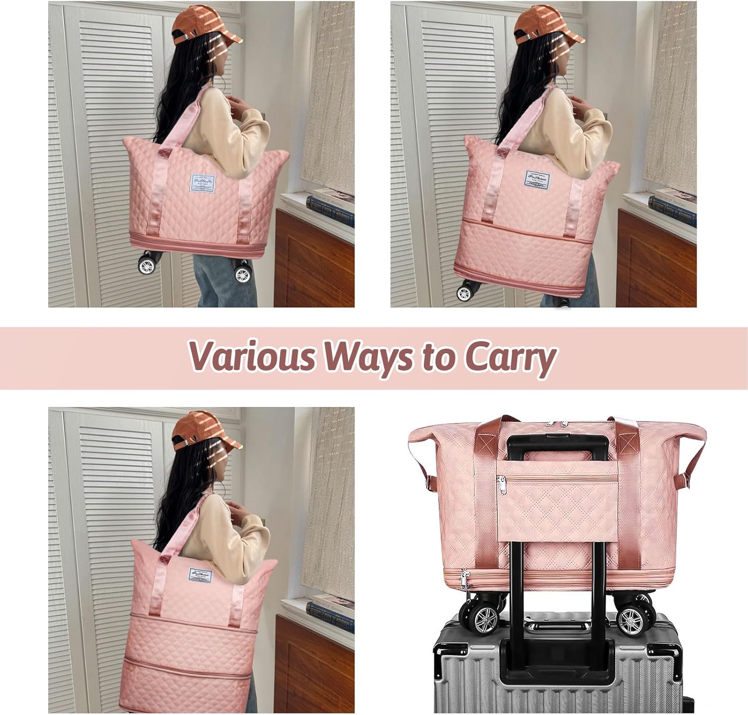 Rolling Duffel Bag with Wheels, Expandable Travel Luggage, Foldable Carry-On, Pink A167
