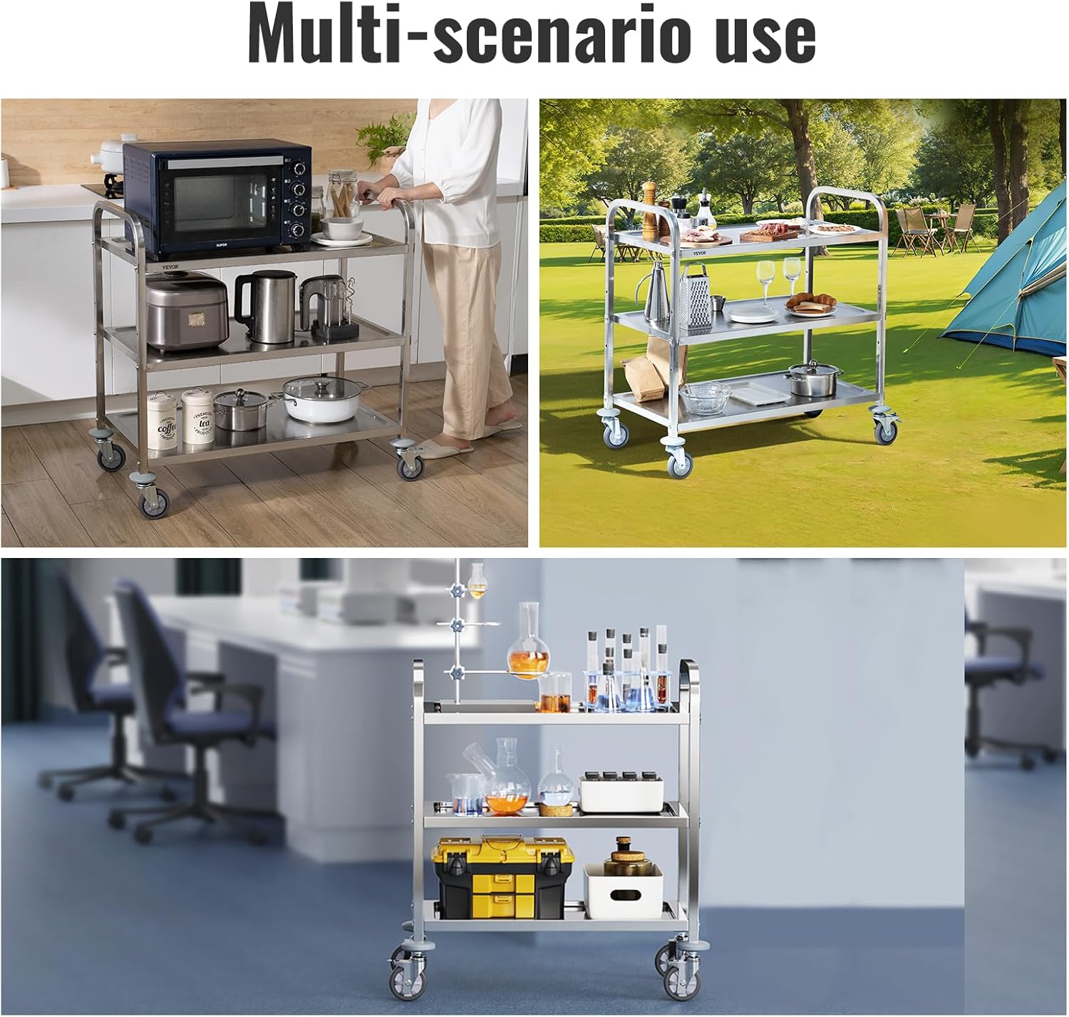 Lab Utility Cart, 220 lbs Capacity, 3 Shelves, Stainless Steel Frame D217890