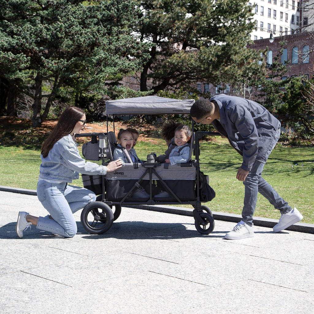 4 Seater Stroller Wagon with Convertible Seats, Adjustable Handles, Removable Canopy, Flat Fold J737378