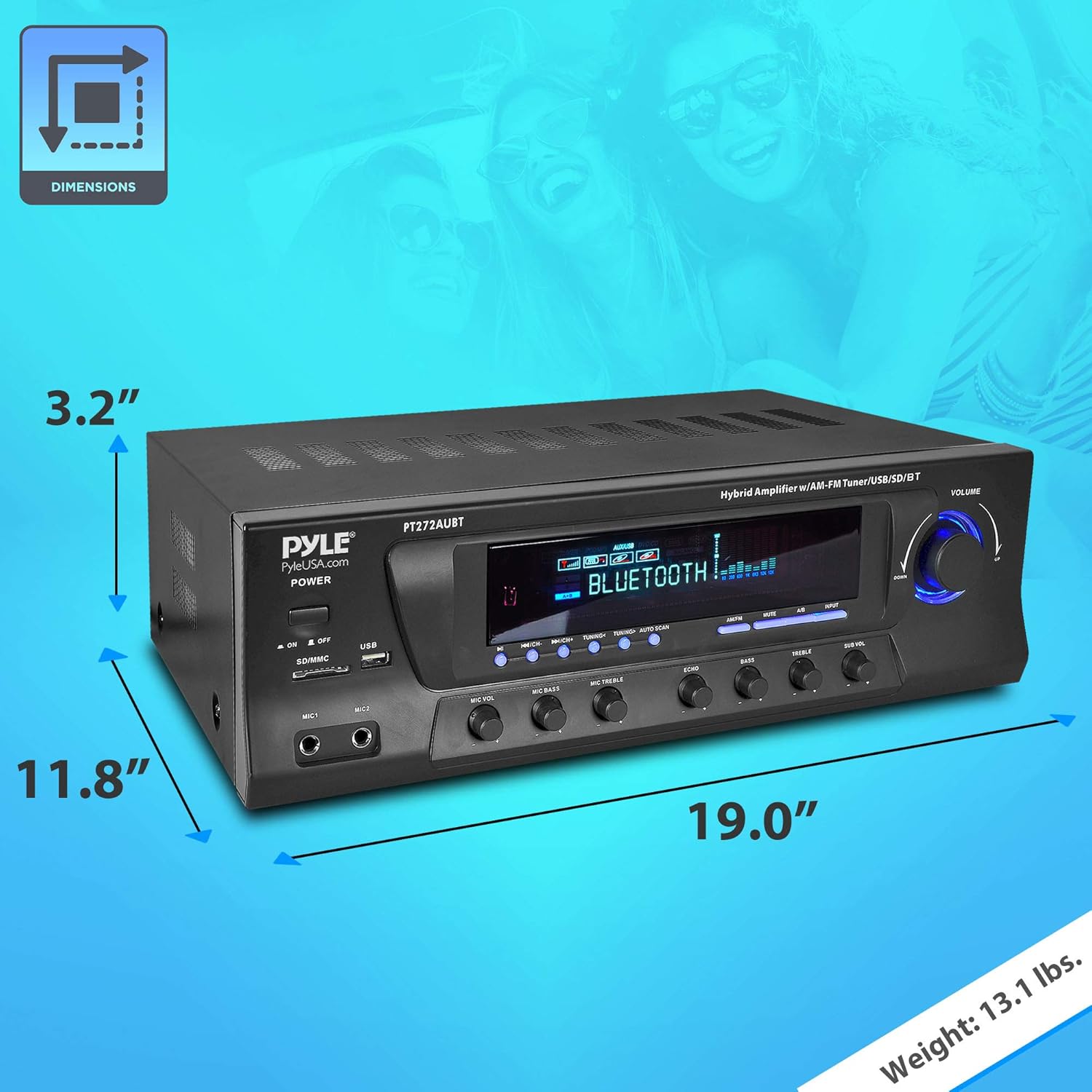 Wireless Bluetooth Power Amplifier - 300W 4 Channel Home Theater Stereo Receiver with USB, FM, 2 Mic Inputs, RCA, LED, Speaker Selector Q285314