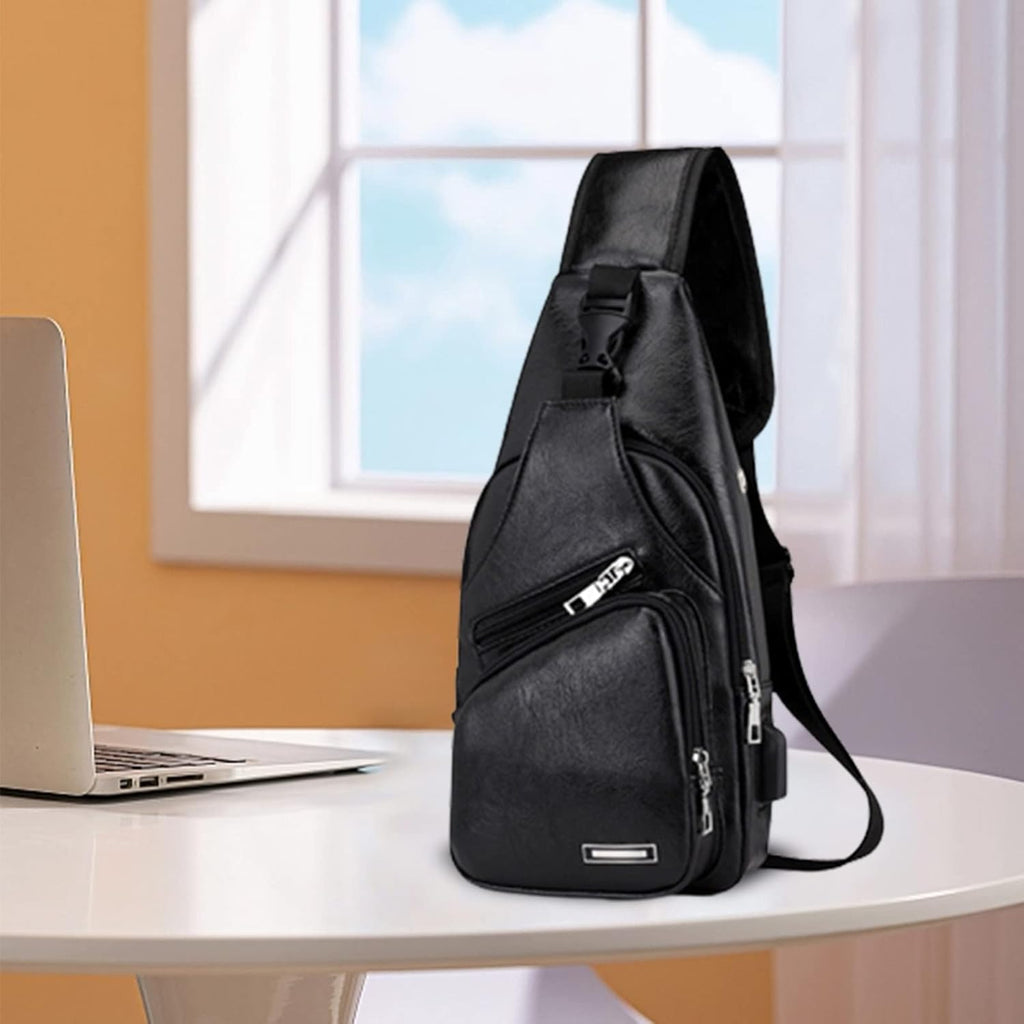 Waterproof Leather Sling Backpack with USB Charging Port for Hiking D969050
