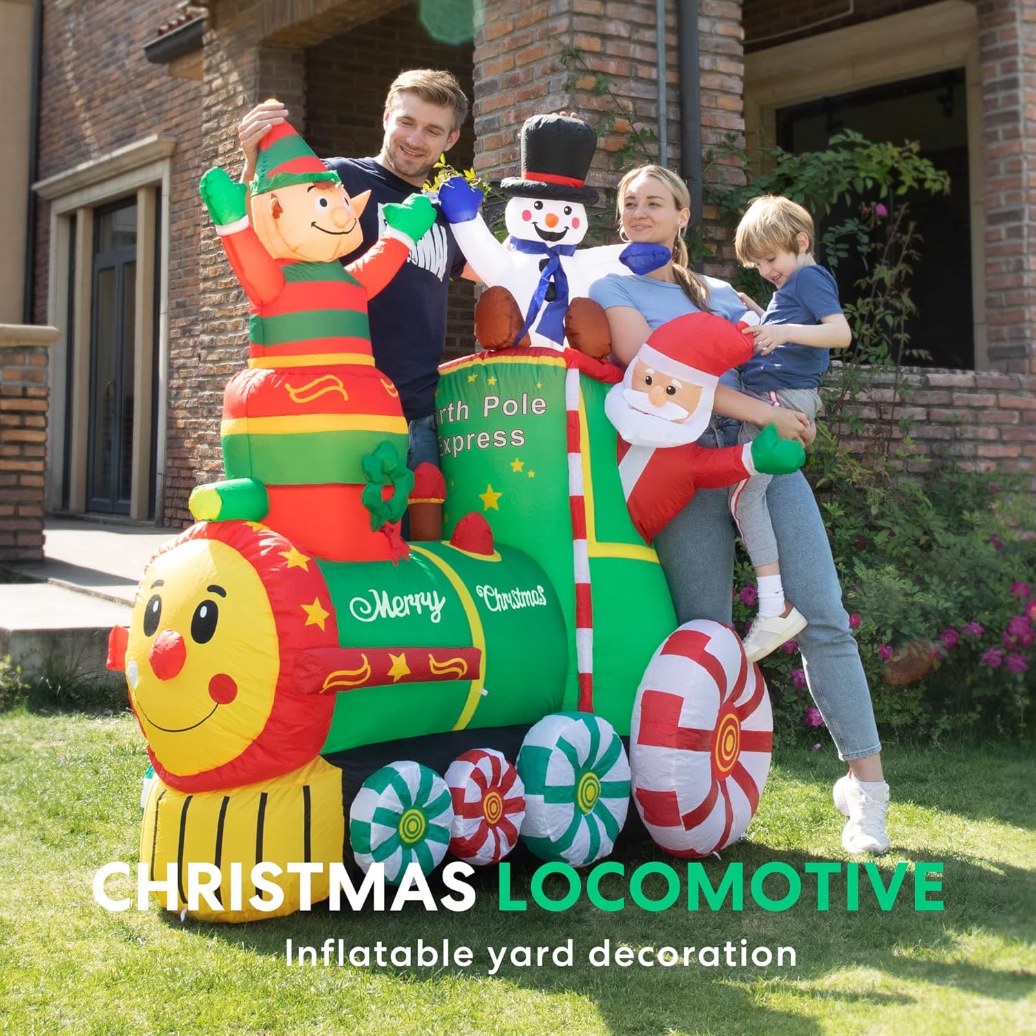 6ft Christmas Inflatable Santa on Train with Elf and Snowman LED Lights Outdoor Decor K465