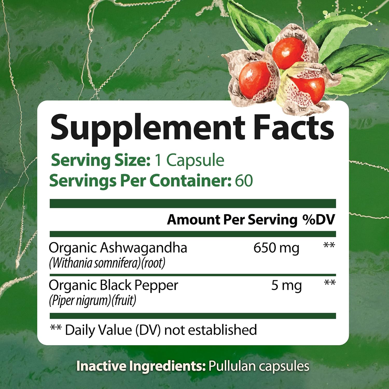 Ashwagandha with Black Pepper Supplement, Non-GMO, Gluten-Free, 60 Vegan Capsules F5710