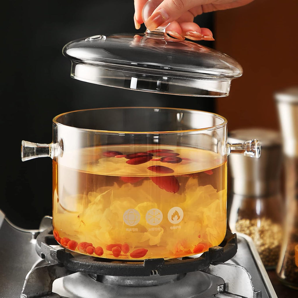 Glass Saucepan with Cover, 1.5 Liter, Heat Resistant Cookware for Soup and Pasta Y663
