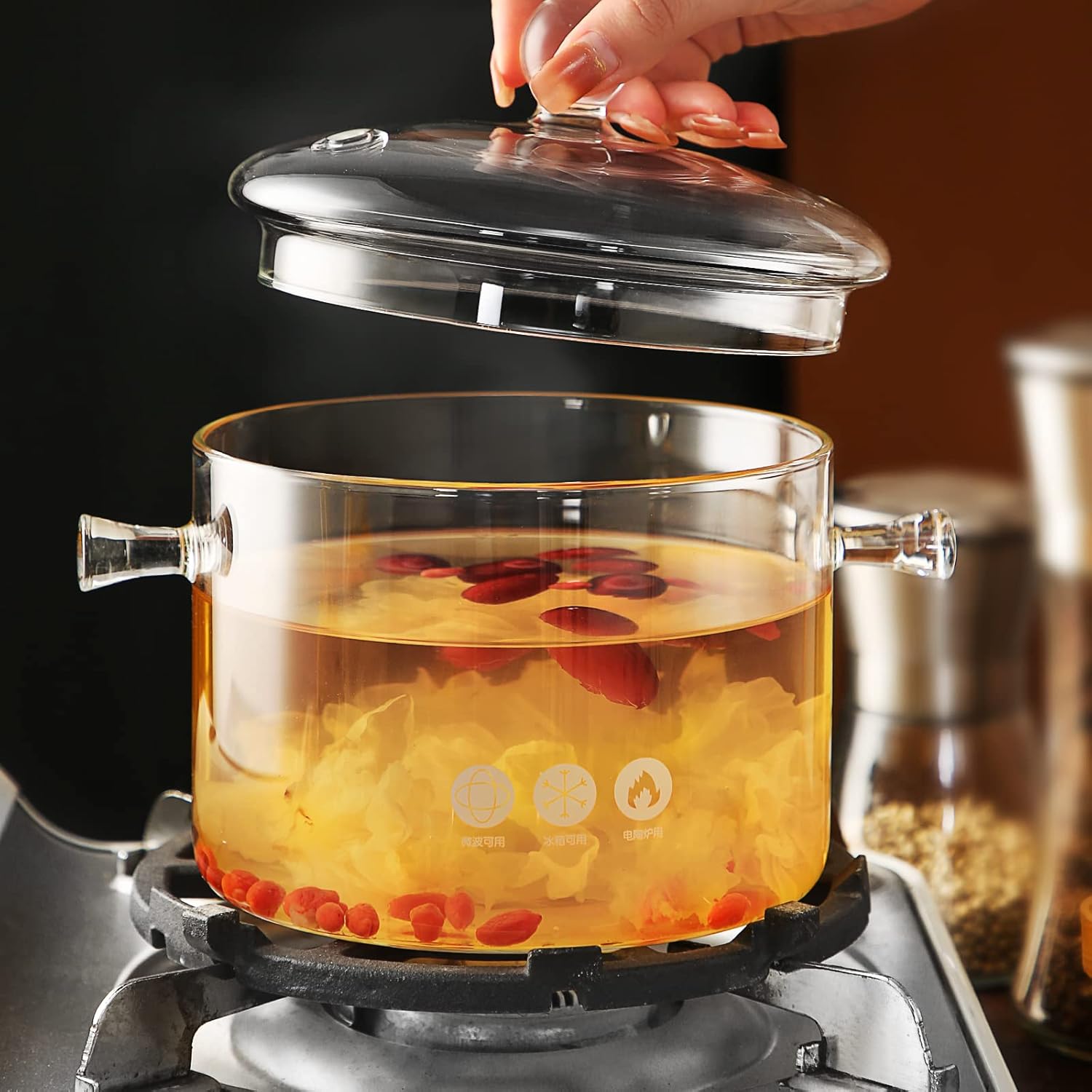 Glass Saucepan with Cover, 1.5 Liter, Heat Resistant Cookware for Soup and Pasta Y663
