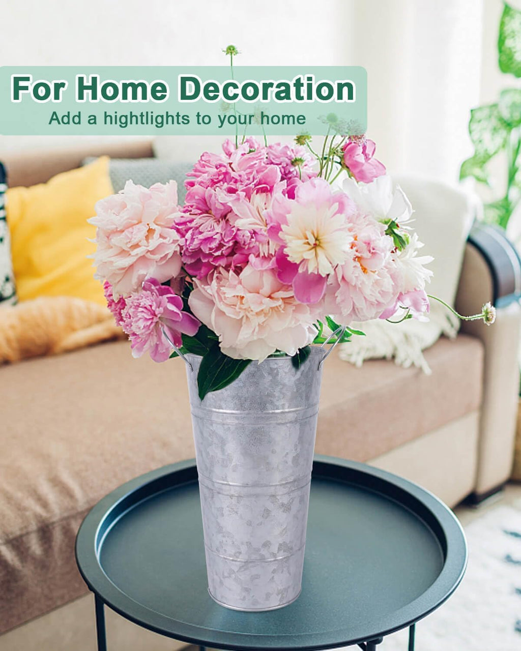 Galvanized Metal Vases with Handles for Flowers, Rustic Bucket Planters R1442