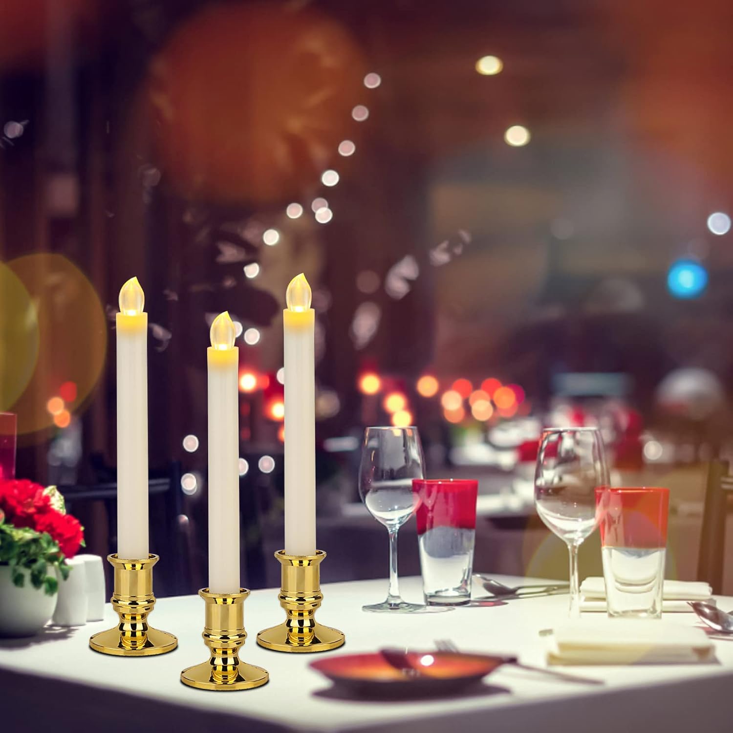 Flameless LED Taper Candles with Remote, Gold Holders, 12-Pack P6584