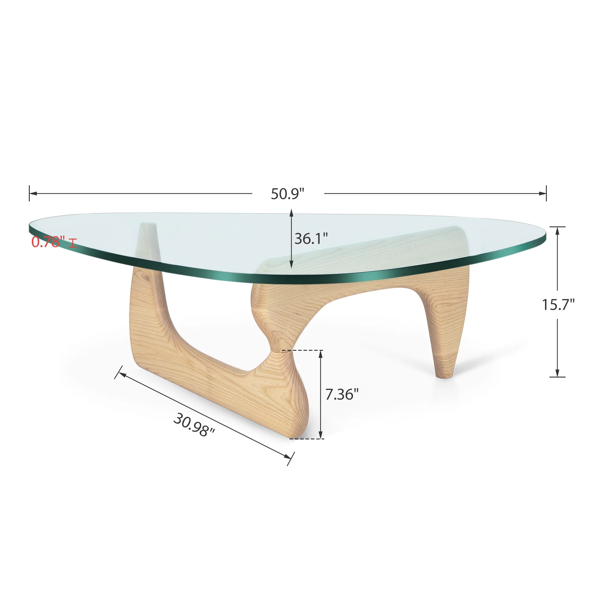 Mid Century Triangle Tempered Glass Coffee Table with Solid Wooden Base D231690