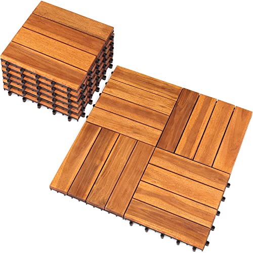Solid Wood Interlocking Flooring Tiles (Pack of 10, 12" x 12"), Acacia Deck Tiles, Floor Tiles for Both Indoor and Outdoor Use, Waterproof All Weather (12X12, 4 Slat, Natural Color)
