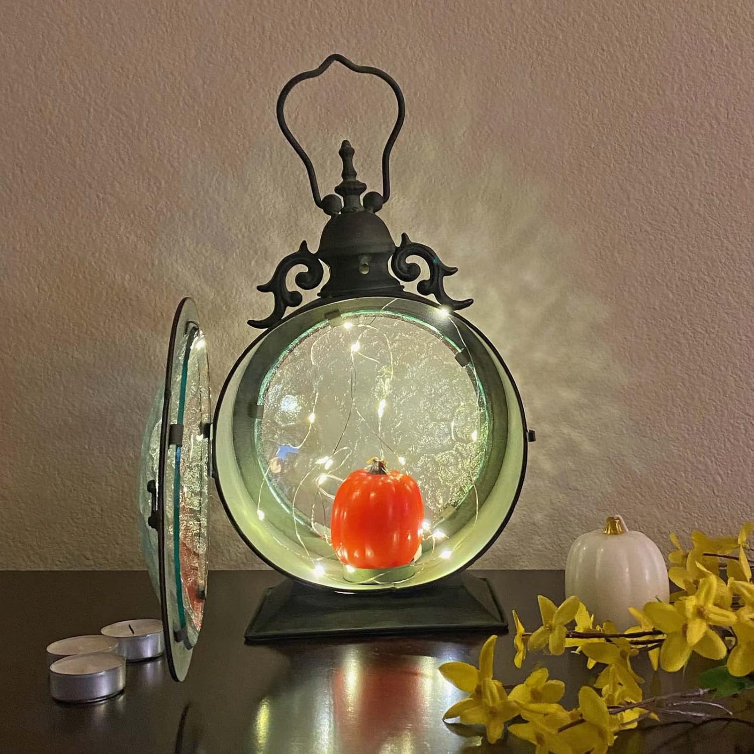 Metal Round Hanging Candle Lantern with Curved Glass Insert E808464