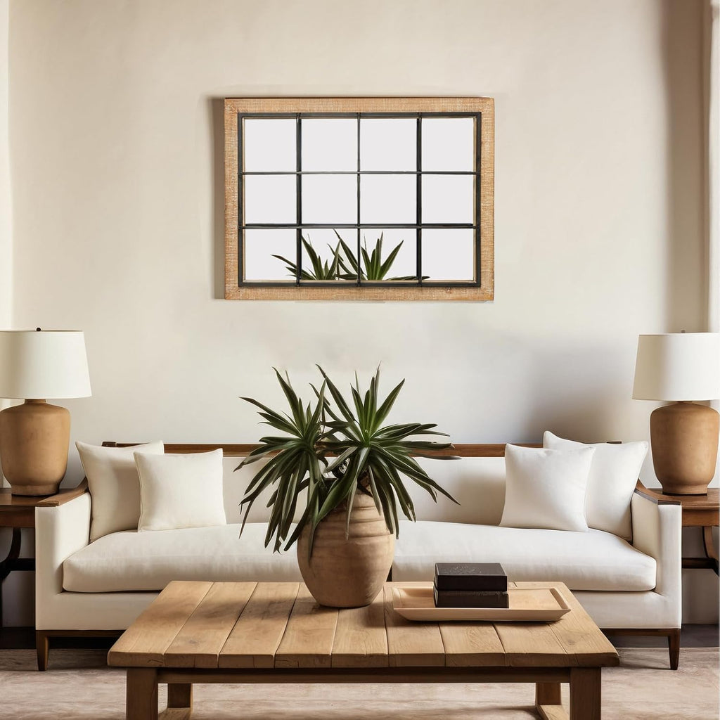 Windowpane Wall Mirror 24 x 32, Farmhouse Rectangle Wood and Metal Frame Wall Decor D308086