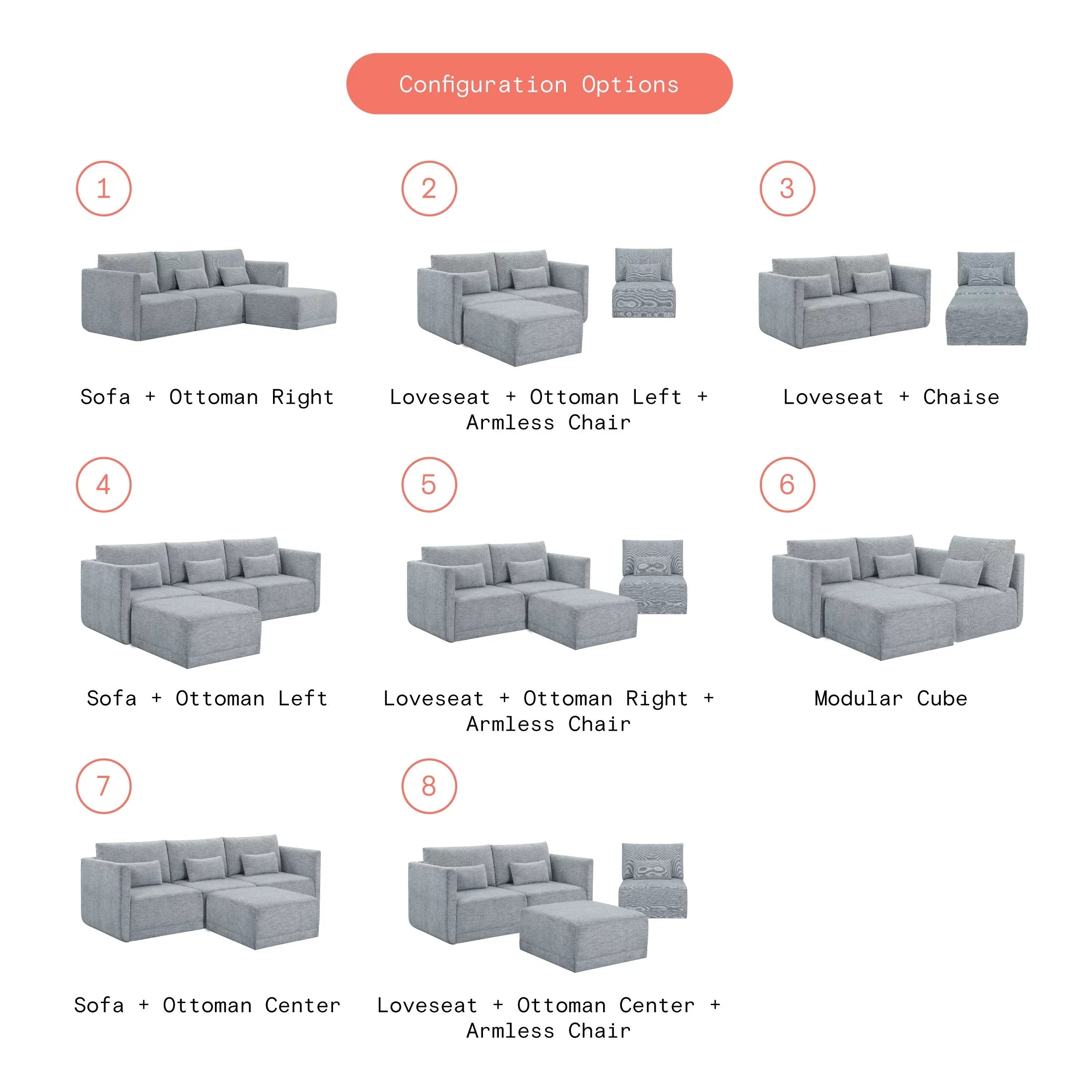 Modular Sectional Sofa with Ottoman, Gray Fabric C120